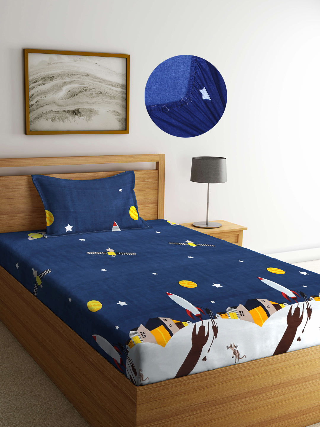 Arrabi Blue Graphic TC Cotton Blend Single Size Fitted Bedsheet with 1 Pillow Cover (220 X 150 cm)