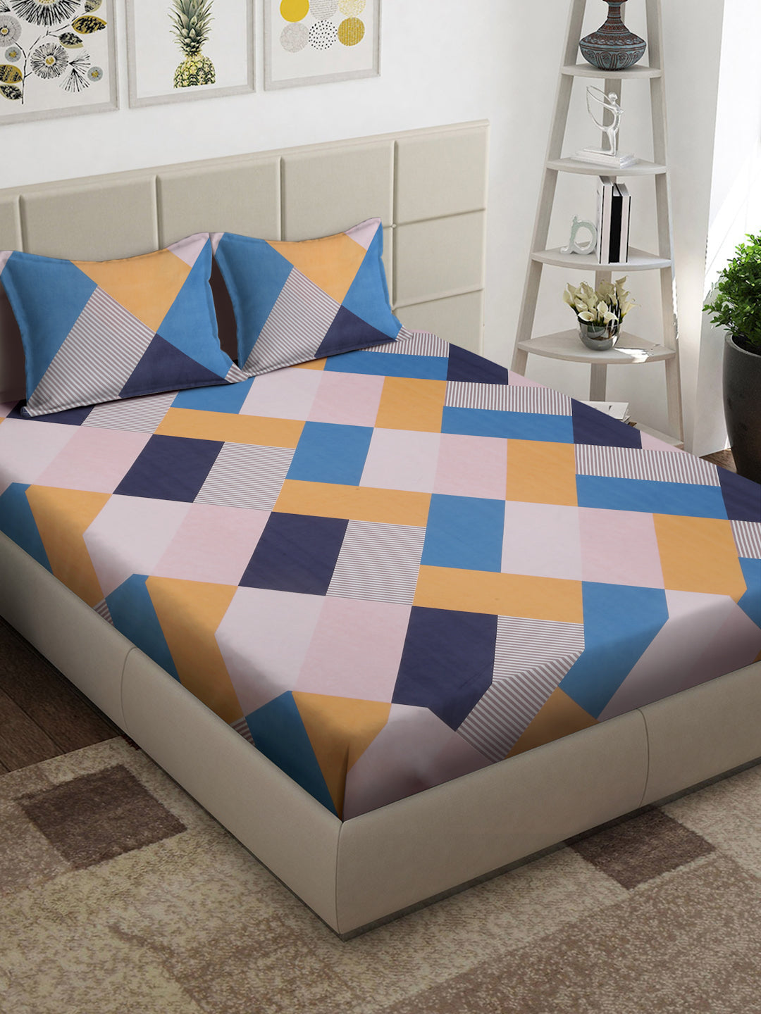 Arrabi Multi Geometric TC Cotton Blend King Size Bedsheet with 2 Pillow Covers (250 x 215 cm)
