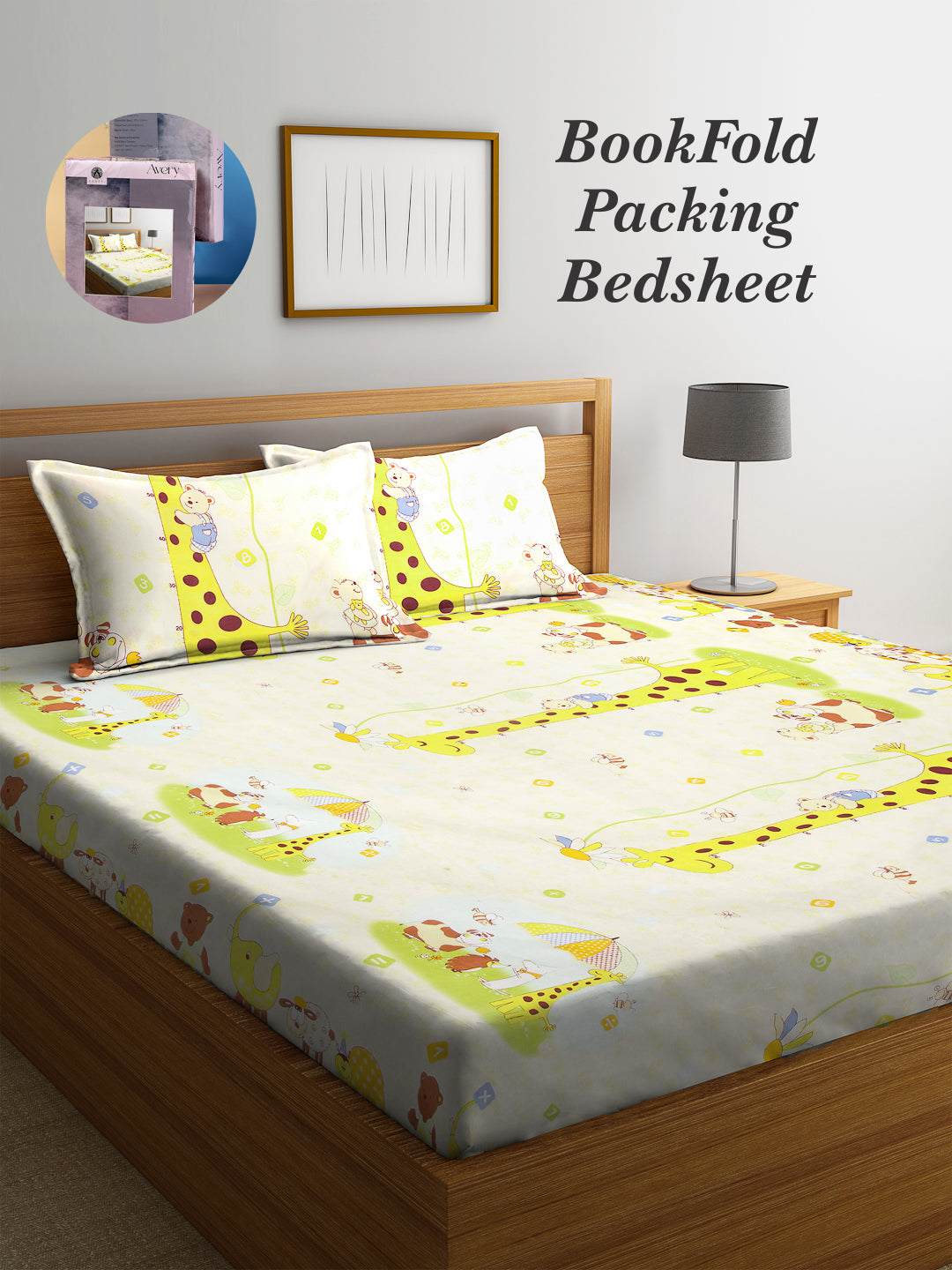 Arrabi Yellow Cartoon TC Cotton Blend King Size Bookfold Bedsheet with 2 Pillow Covers (250 X 220 cm)