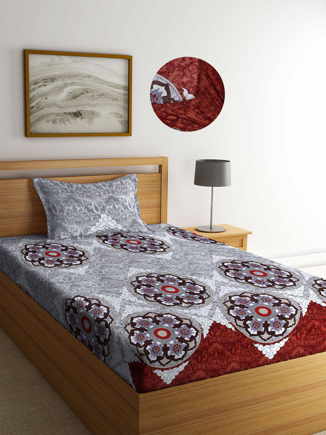 Arrabi Grey Indian TC Cotton Blend Single Size Fitted Bedsheet with 1 Pillow Cover (220 X 150 cm)