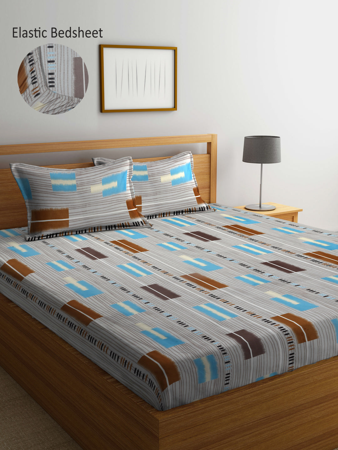 Arrabi Multi Geometric TC Cotton Blend King Size Fitted Bedsheet with 2 Pillow Covers (250 X 215 Cm )