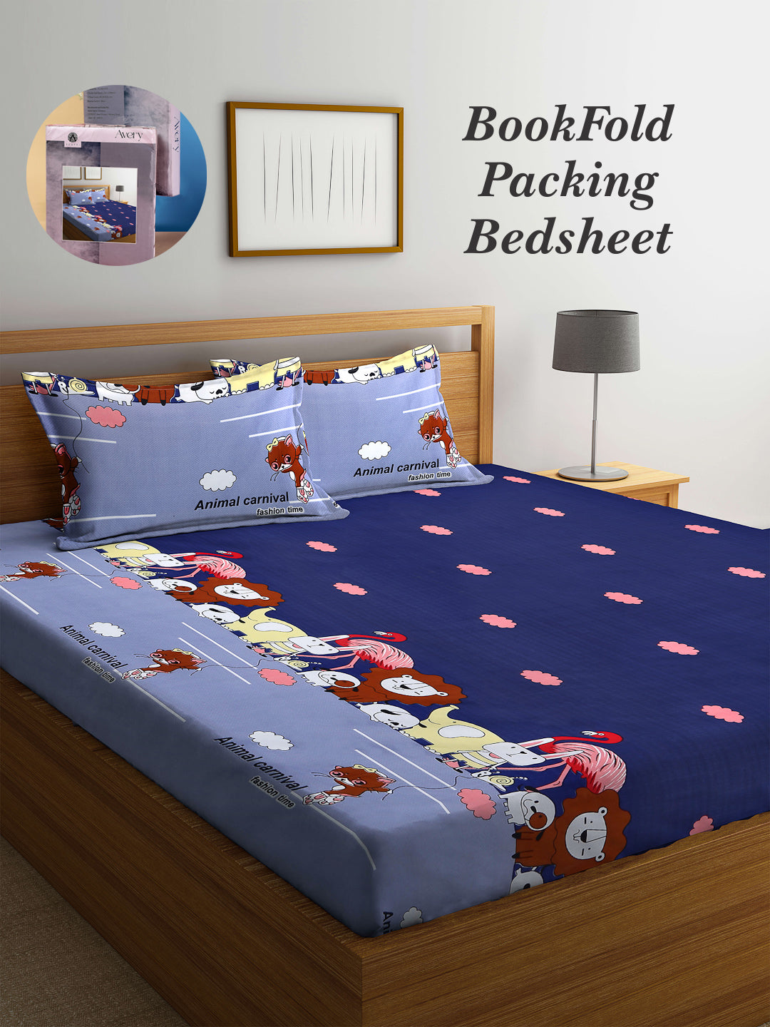 Arrabi Blue Cartoon TC Cotton Blend King Size Bookfold Bedsheet with 2 Pillow Covers (250 X 220 cm)