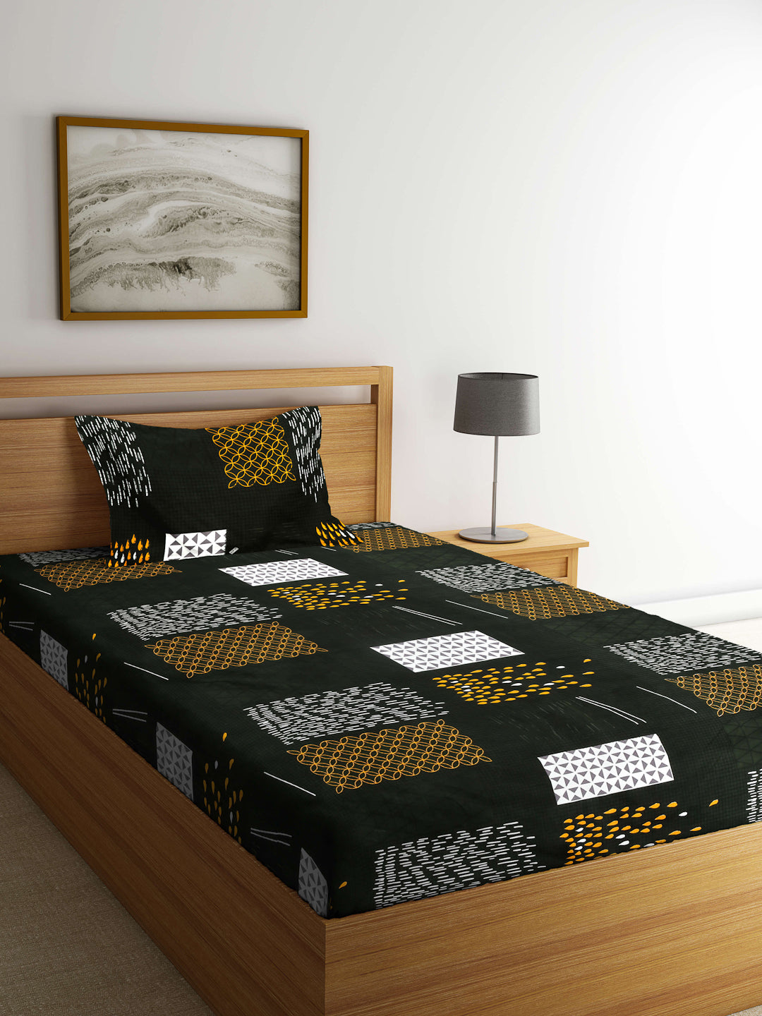 Arrabi Green Geometric TC Cotton Blend Single Size Bedsheet with 1 Pillow Cover (215 x 150 cm)