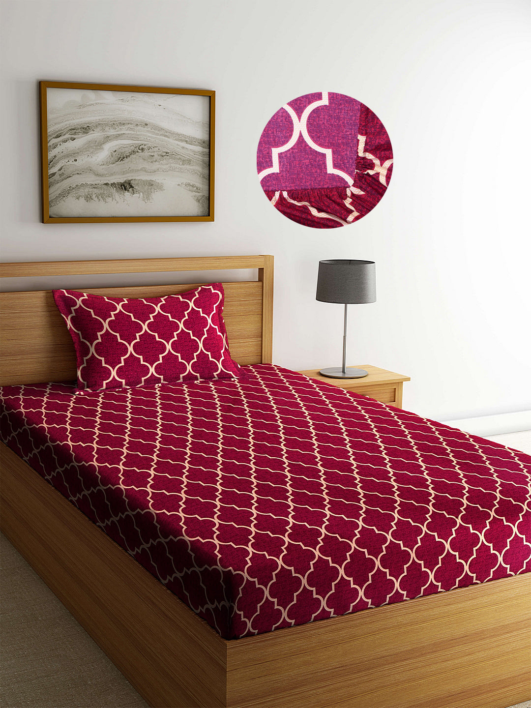 Arrabi Red Graphic TC Cotton Blend Single Size Fitted Bedsheet with 1 Pillow Cover (220 X 150 cm)