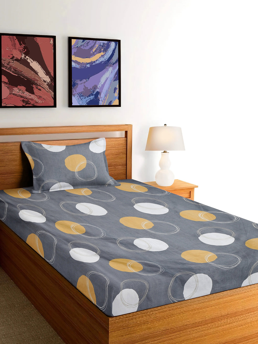 Arrabi Grey Geometric TC Cotton Blend Single Size Bedsheet with 1 Pillow Cover (215 x 150 cm)