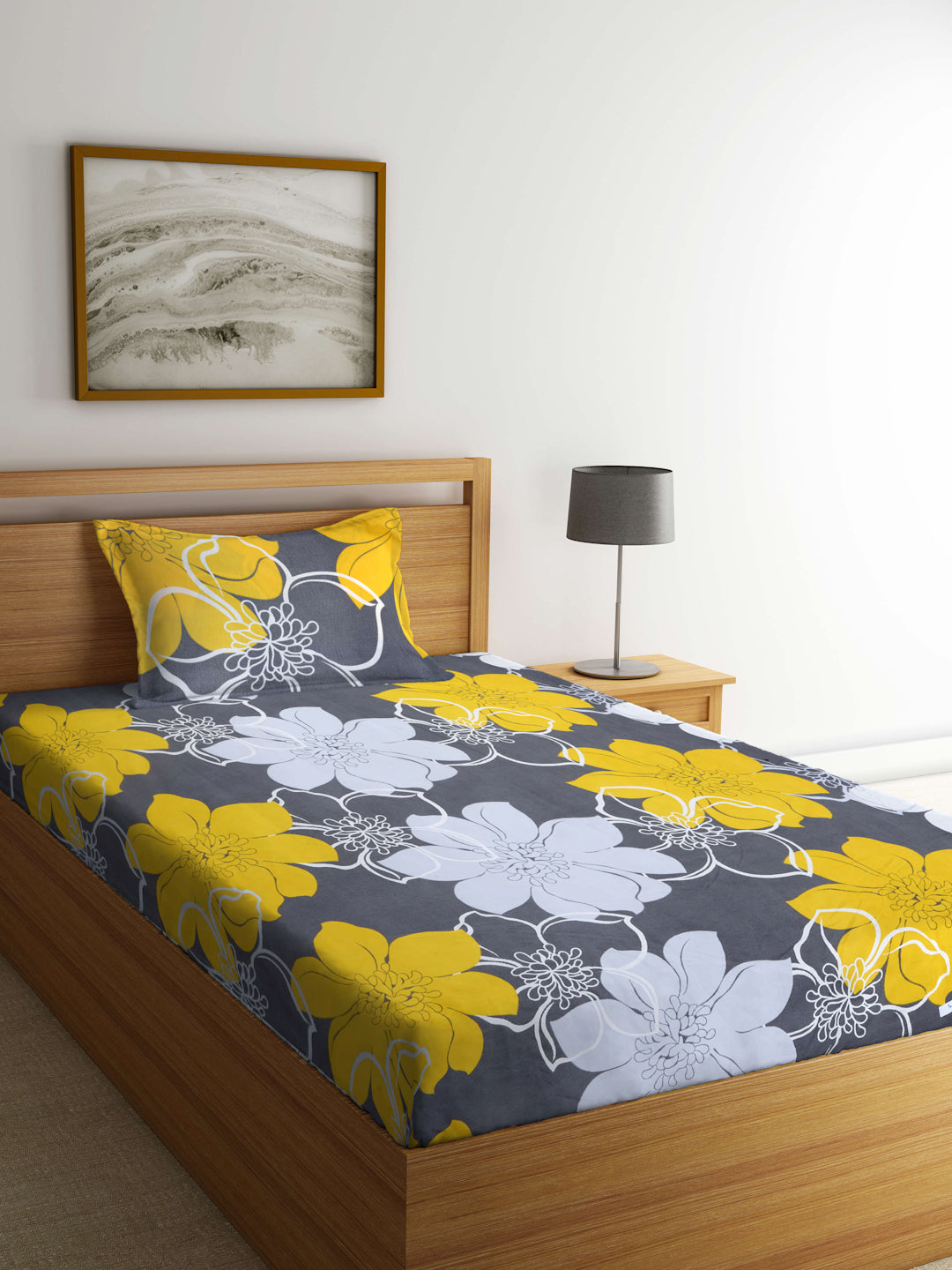 Arrabi Grey Floral TC Cotton Blend Single Size Bedsheet with 1 Pillow Cover (215 X 150 cm)
