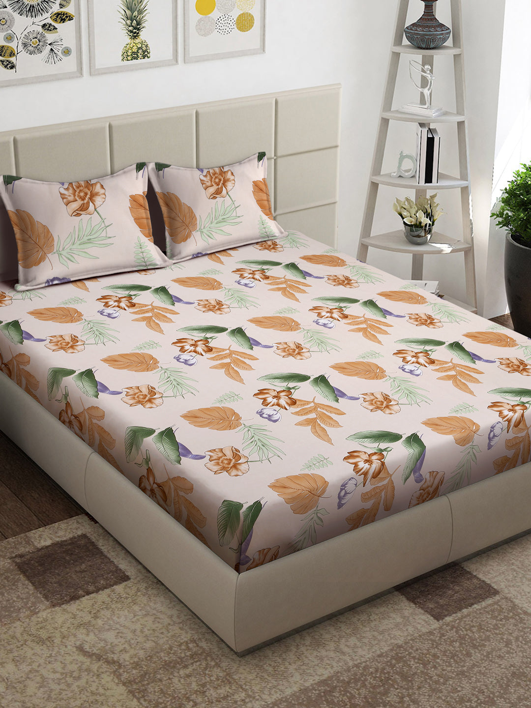 Arrabi Multi Floral TC Cotton Blend Super King Size Bedsheet with 2 Pillow Covers (270 x 260 cm)