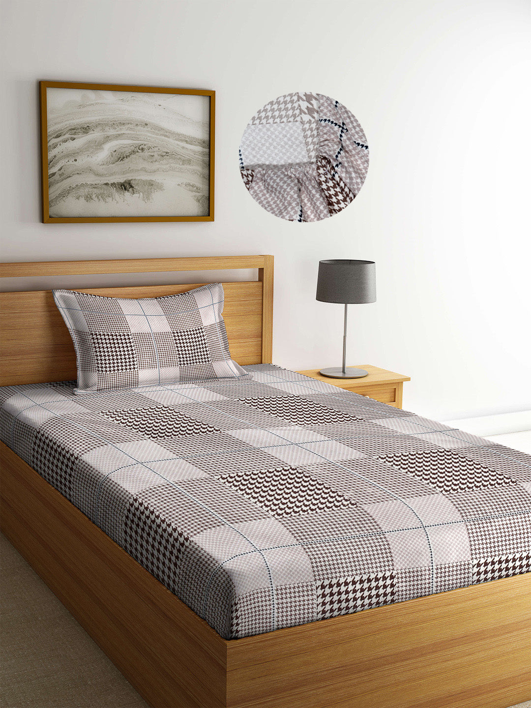 Arrabi Beige Checks TC Cotton Blend Single Size Fitted Bedsheet with 1 Pillow Cover (220 X 150 cm)