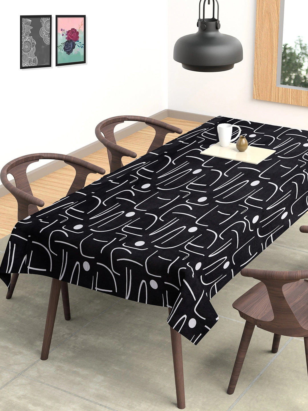 Arrabi Black Geometric Cotton Blend 6 SEATER Table Cover (180 x 130 cm)