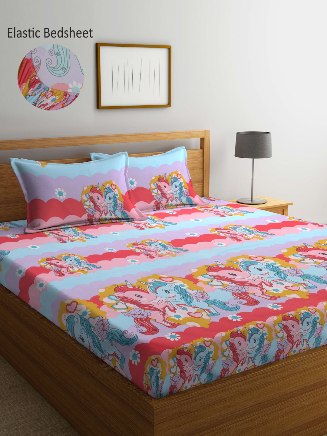 Arrabi Multi Cartoon TC Cotton Blend King Size Fitted Bedsheet with 2 Pillow Covers (250 X 215 Cm )