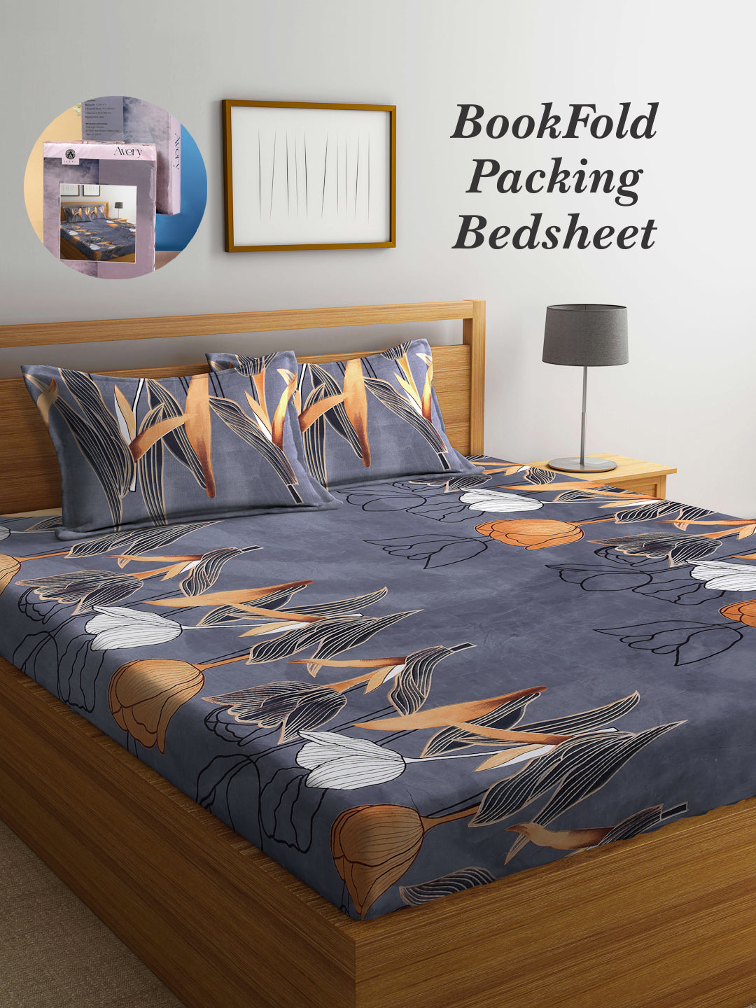 Arrabi Grey Floral TC Cotton Blend King Size Bookfold Bedsheet with 2 Pillow Covers (250 X 215 cm)