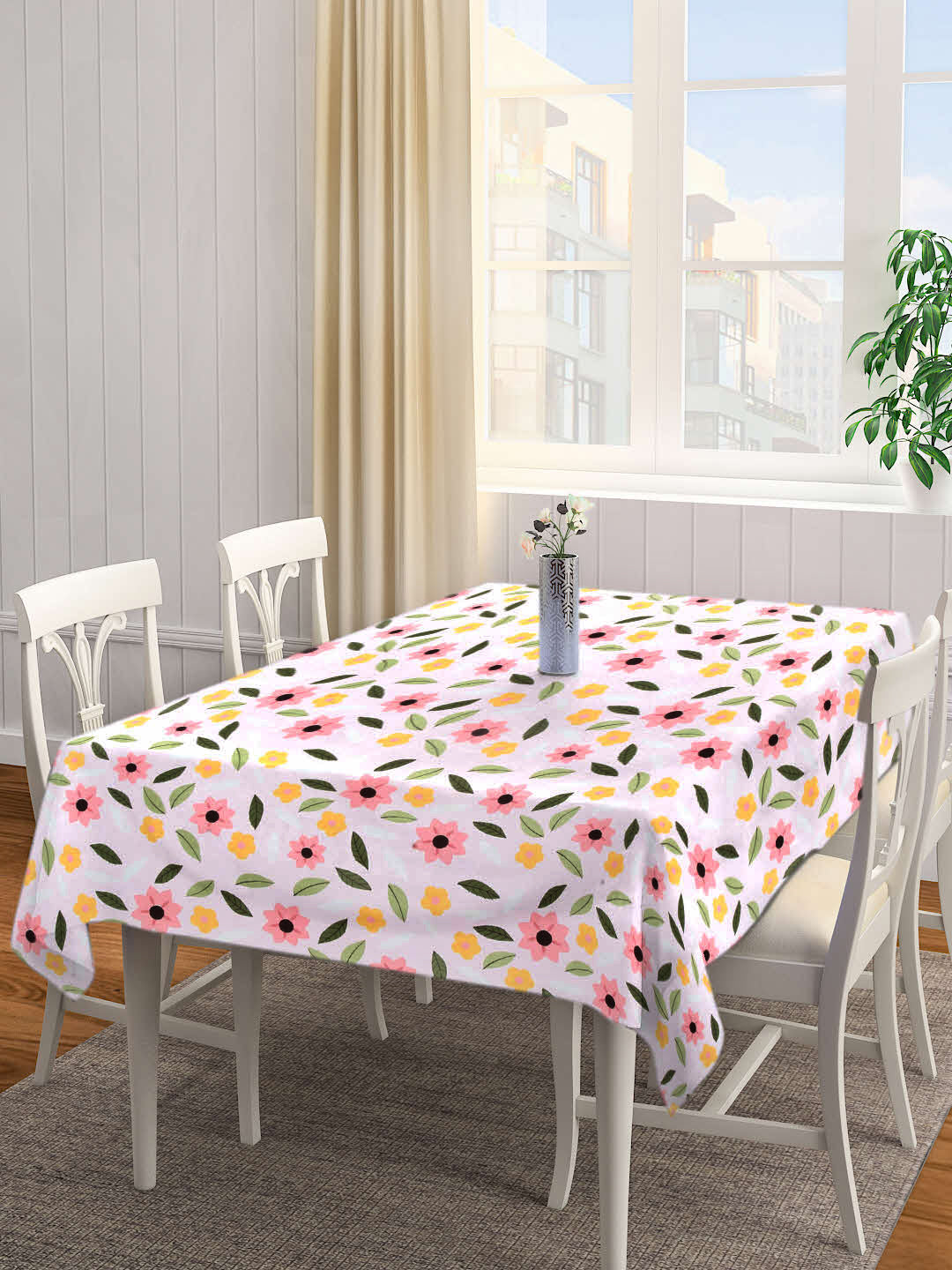 Arrabi Pink Floral Cotton Blend 8 SEATER Table Cover (215 X 150 cm)