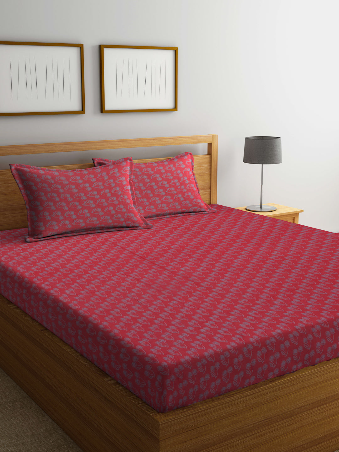 Arrabi Red Leaf Handwoven Cotton Super King Size Bedsheet with 2 Pillow Covers (270 X 270 cm)