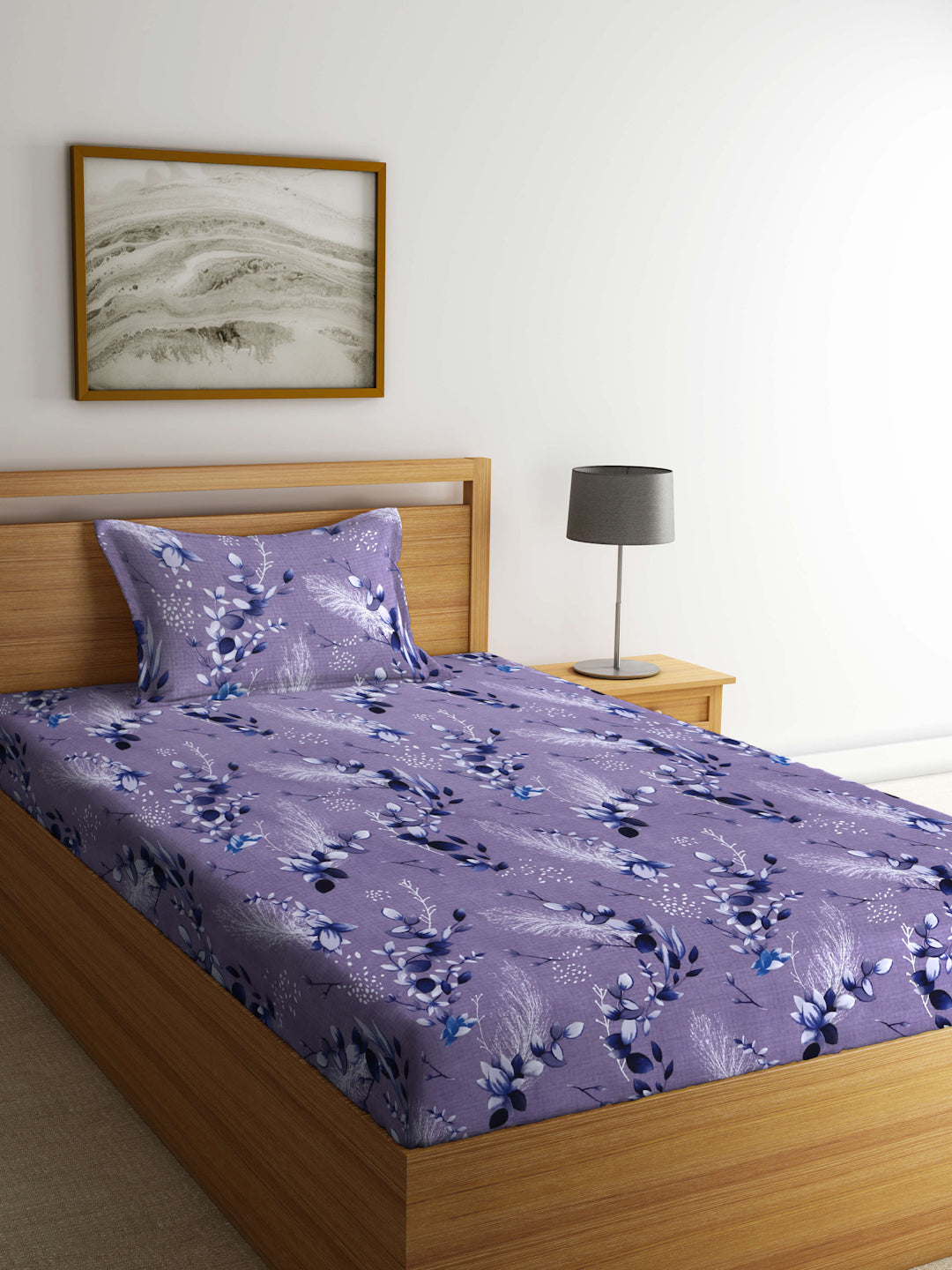 Arrabi Grey Floral TC Cotton Blend Single Size Bedsheet with 1 Pillow Cover (215 X 150 cm)