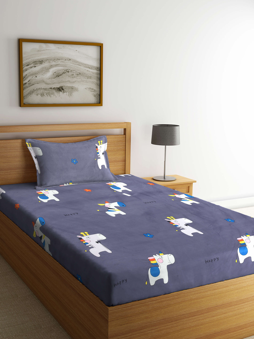 Arrabi Grey Cartoon TC Cotton Blend Single Size Bedsheet with 1 Pillow Cover (215 x 150 cm)