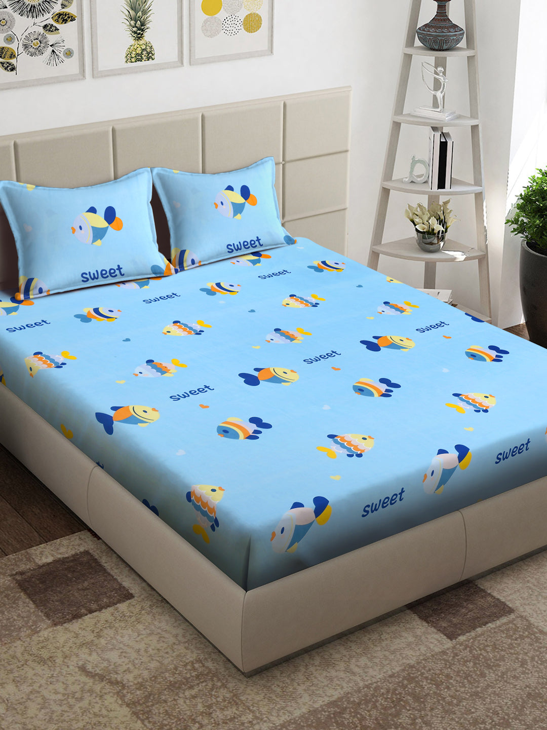 Arrabi Blue Cartoon TC Cotton Blend King Size Bedsheet with 2 Pillow Covers (250 x 215 cm)