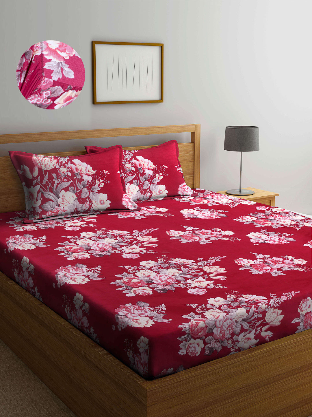 Arrabi Red Floral TC Cotton Blend Super King Size Fitted Bedsheet with 2 Pillow Covers (270 x 260 cm)