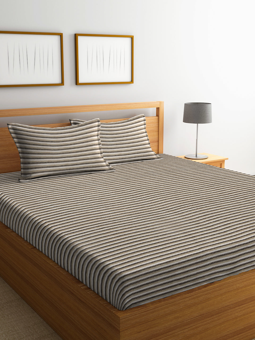Arrabi Beige Stripes Handwoven Cotton King Size Bedsheet with 2 Pillow Covers (260 X 230 cm)