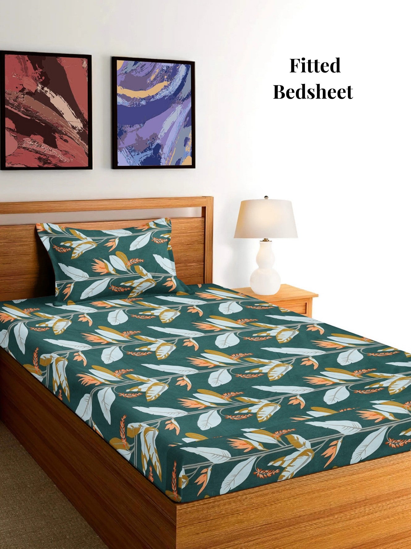 Arrabi Green Floral TC Cotton Blend Single Size Fitted Bedsheet with 1 Pillow Cover (215 x 150 cm)