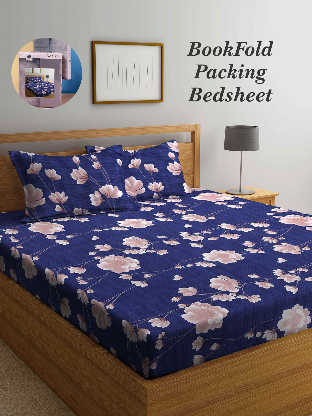 Arrabi Blue Floral TC Cotton Blend King Size Bookfold Bedsheet with 2 Pillow Covers (250 X 215 cm)
