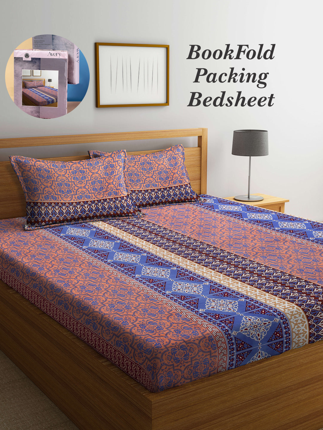 Arrabi Multi Indian TC Cotton Blend King Size Bookfold Bedsheet with 2 Pillow Covers (250 X 215 cm)