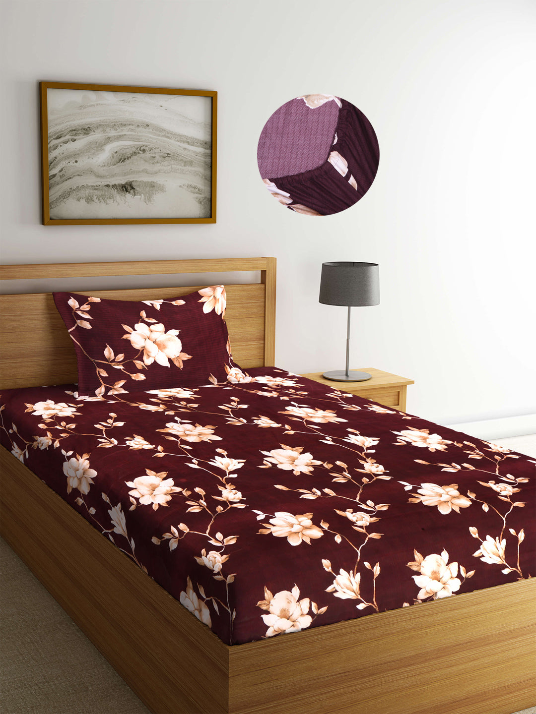 Arrabi Brown Floral TC Cotton Blend Single Size Fitted Bedsheet with 1 Pillow Cover (220 X 150 cm)
