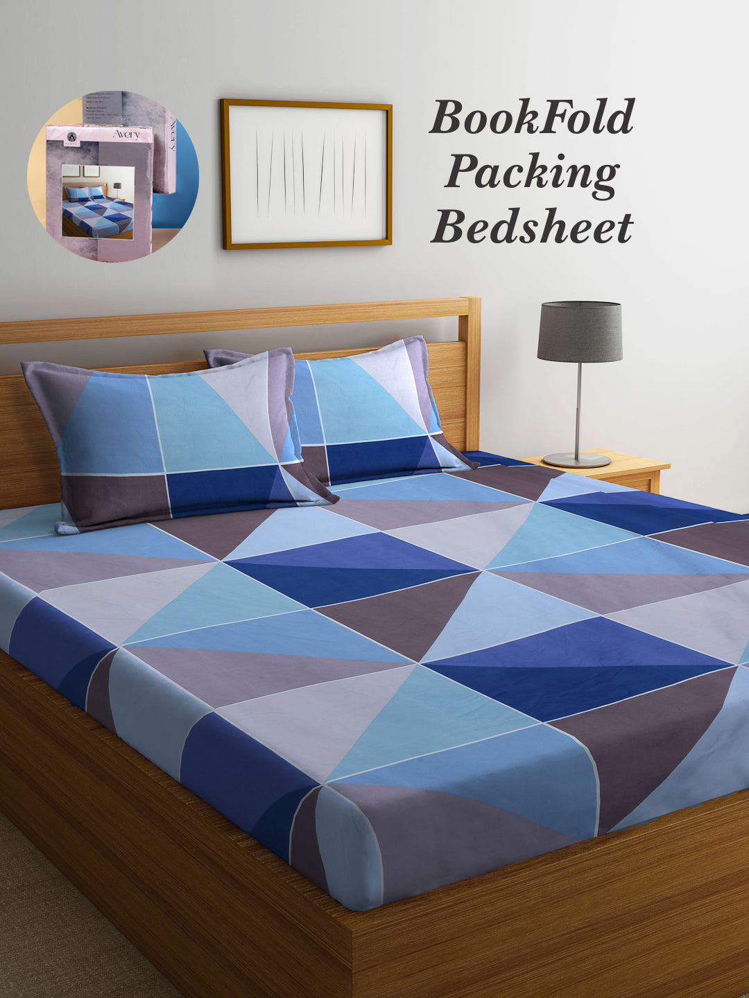 Arrabi Blue Geometric TC Cotton Blend King Size Bookfold Bedsheet with 2 Pillow Covers (250 X 215 cm)