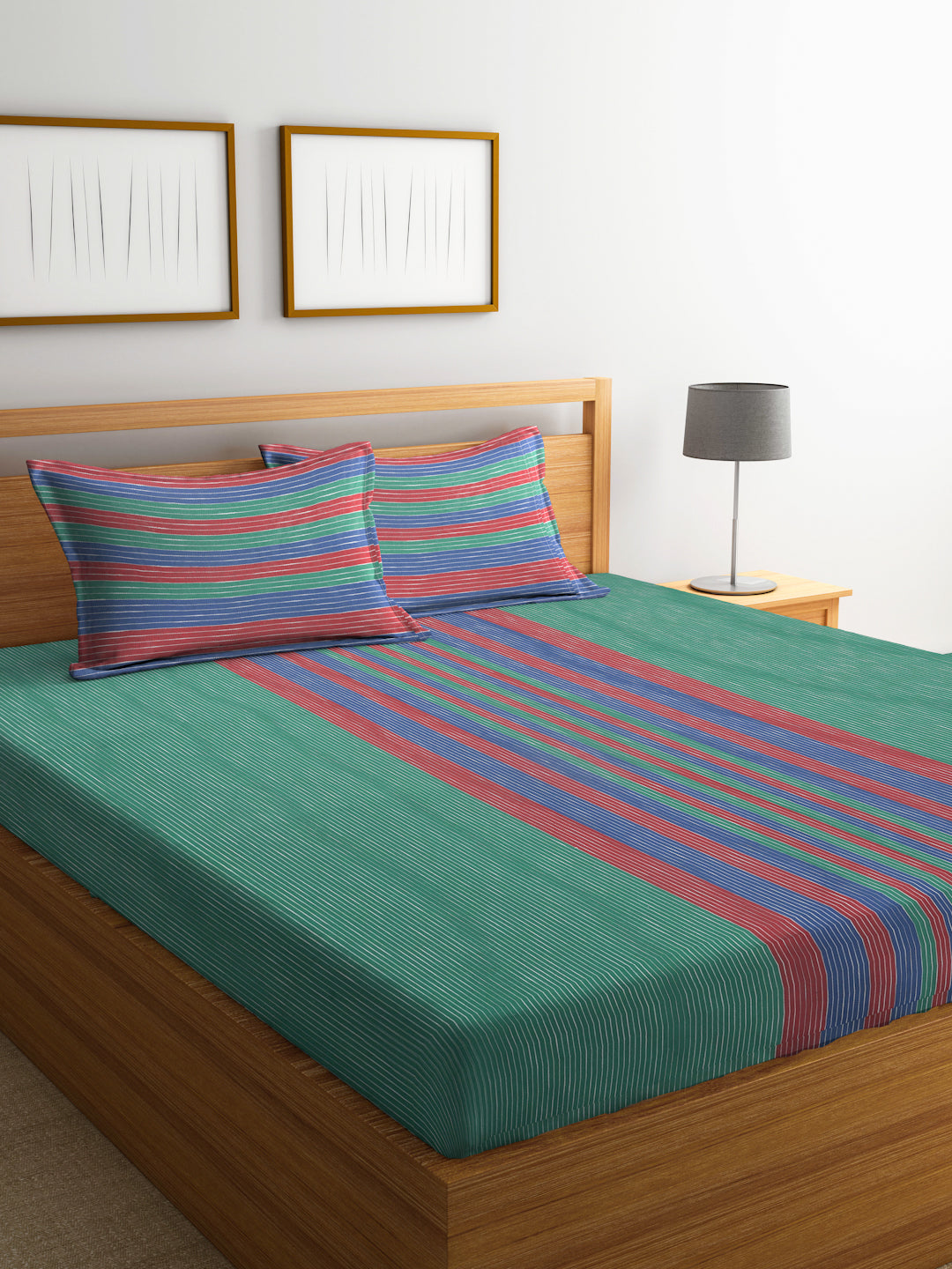 Arrabi Multi Stripes Handwoven Cotton Super King Size Bedsheet with 2 Pillow Covers (270 X 270 cm)