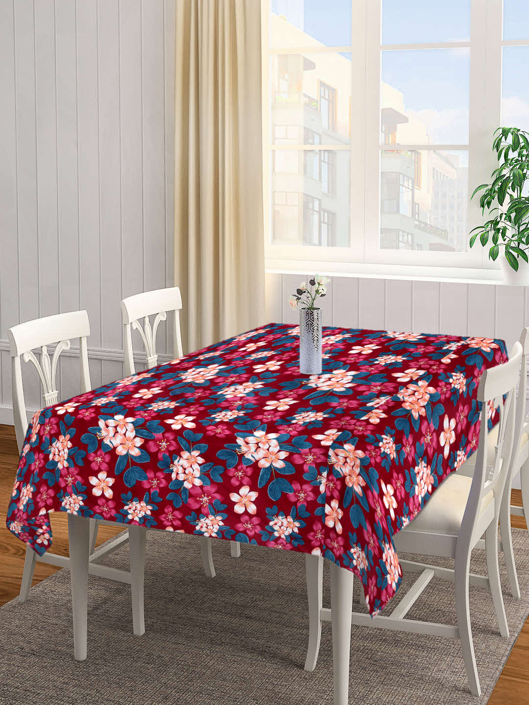 Arrabi Red Floral Cotton Blend 8 SEATER Table Cover (225 X 150 cm)