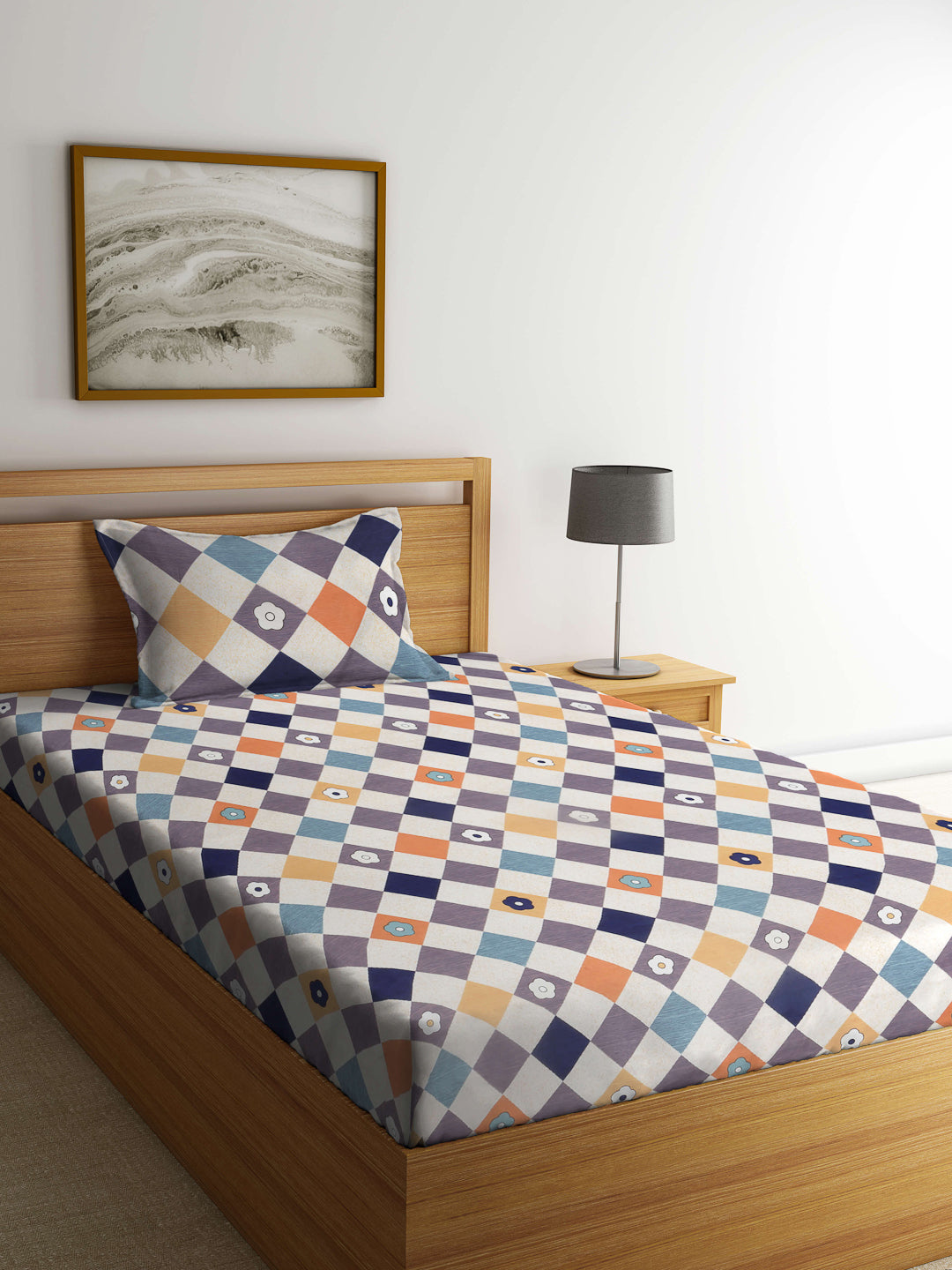 Arrabi Multi Geometric TC Cotton Blend Single Size Bedsheet with 1 Pillow Cover (215 x 150 cm)