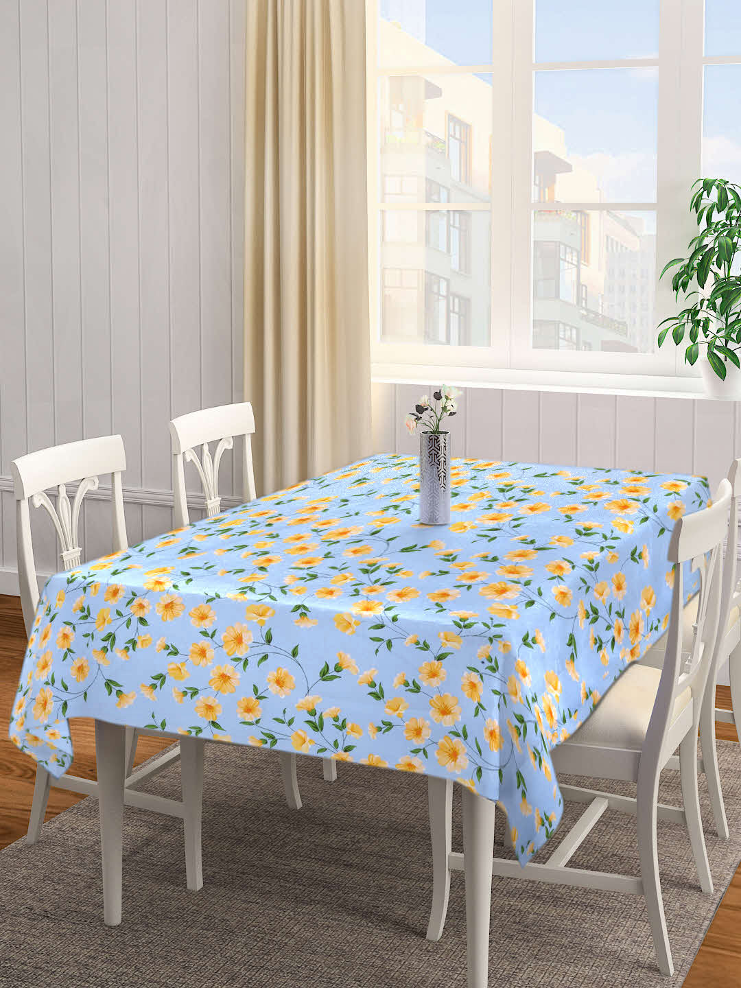 Arrabi Blue Floral Cotton Blend 6 SEATER Table Cover (180 X 130 cm)