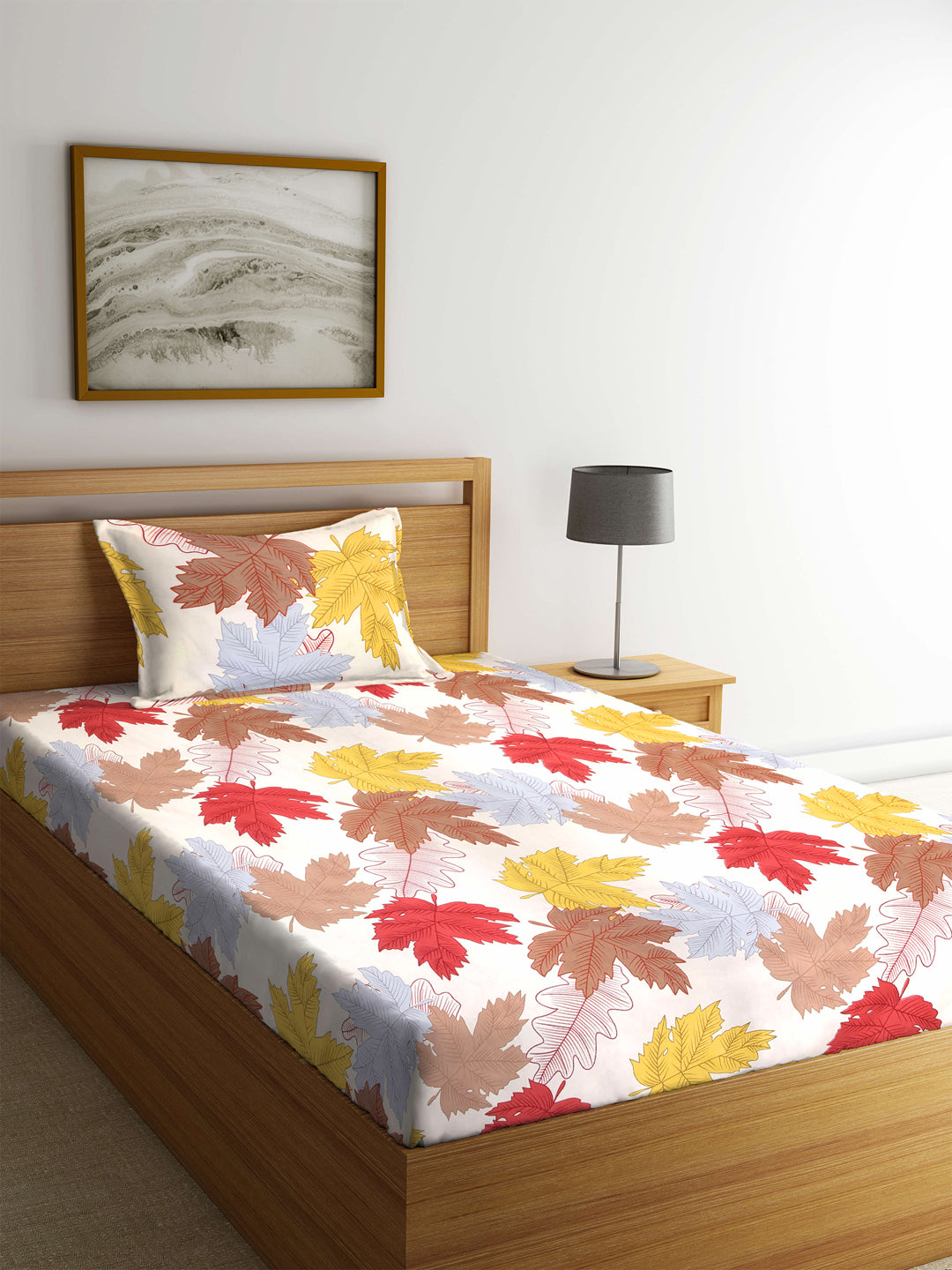 Arrabi Multi Leaf TC Cotton Blend Single Size Bedsheet with 1 Pillow Cover (215 x 150 cm)