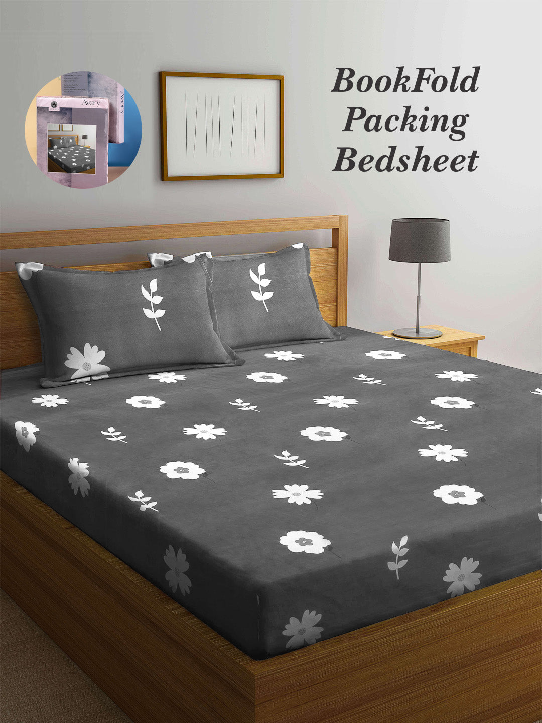 Arrabi Grey Floral TC Cotton Blend Super King Size Bookfold Bedsheet with 2 Pillow Covers (270 X 260 cm)