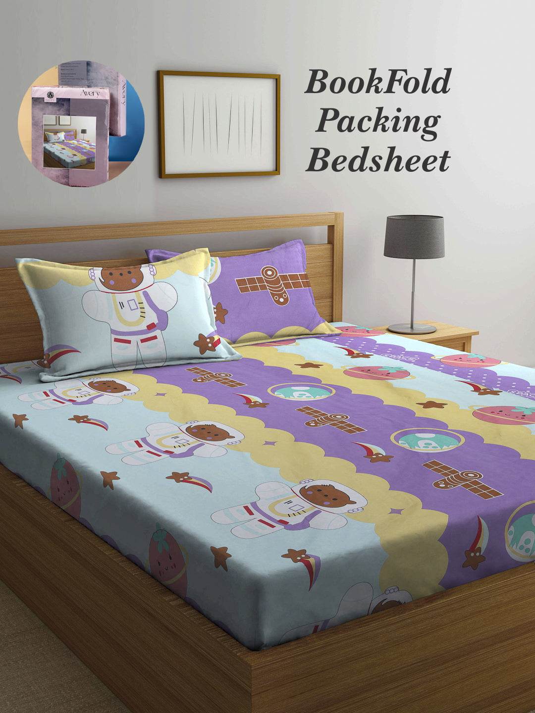 Arrabi Multi Cartoon TC Cotton Blend King Size Bookfold Bedsheet with 2 Pillow Covers (250 X 220 cm)