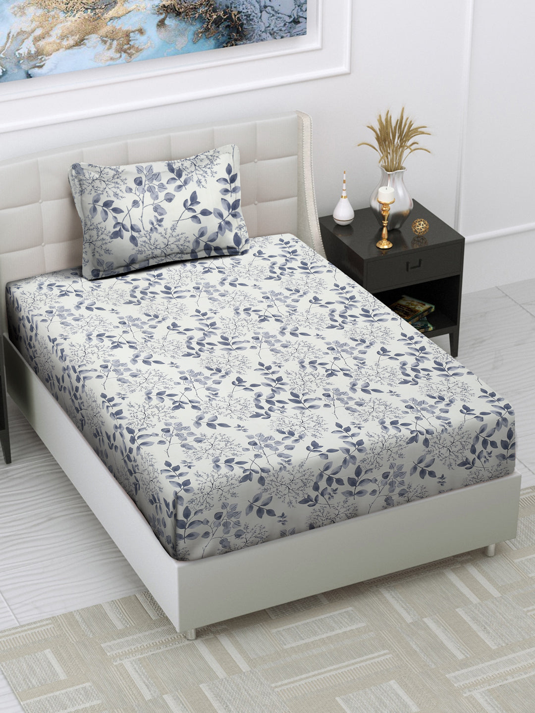 Arrabi Cream Leaf TC Cotton Blend Single Size Bedsheet with 1 Pillow Cover (215 x 150 cm)