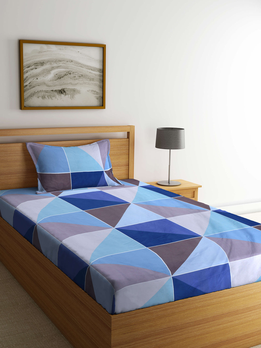 Arrabi Blue Geometric TC Cotton Blend Single Size Bedsheet with 1 Pillow Cover (215 x 150 cm)