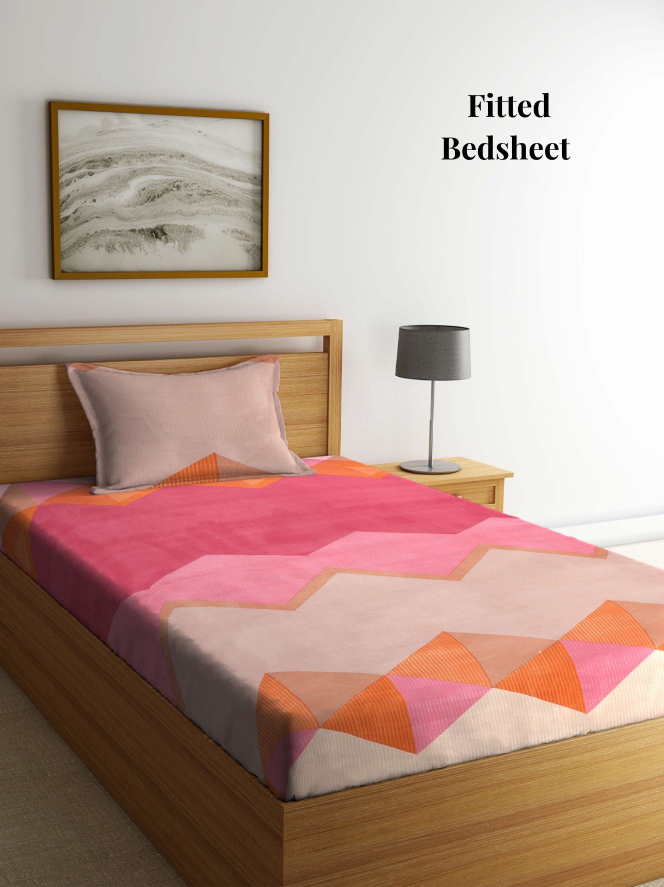 Arrabi Multi Geometric TC Cotton Blend Single Size Fitted Bedsheet with 1 Pillow Cover (215 x 150 cm)