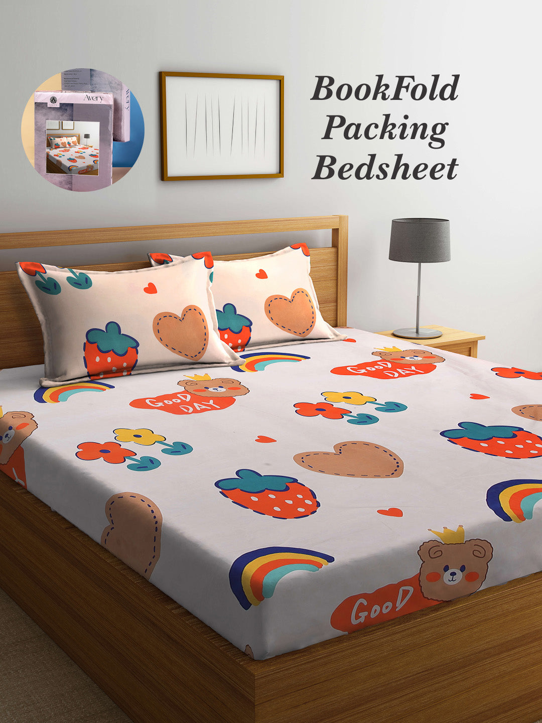 Arrabi Multi Cartoon TC Cotton Blend King Size Bookfold Bedsheet with 2 Pillow Covers (250 X 215 cm)