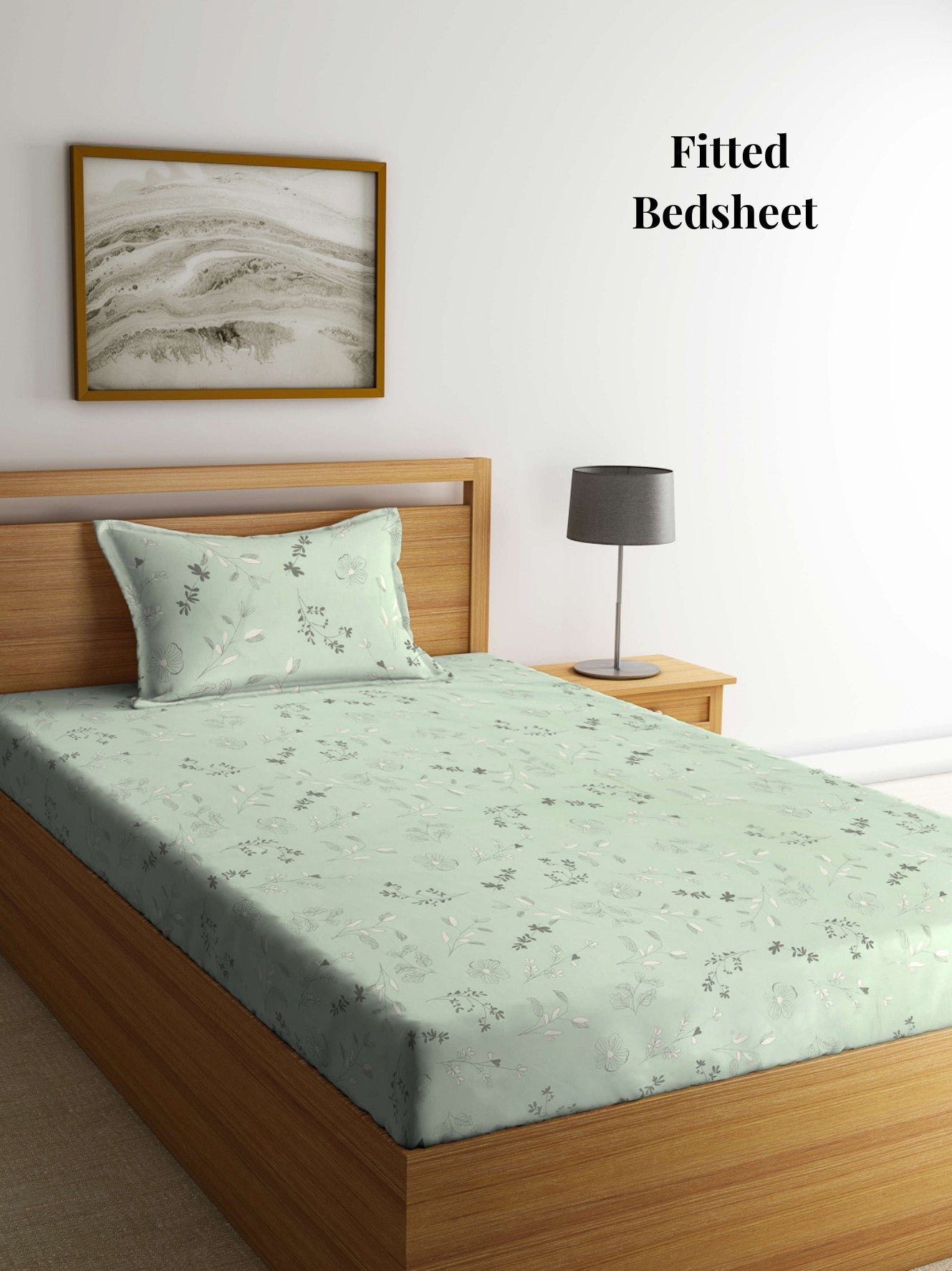 Arrabi Green Floral TC Cotton Blend Single Size Fitted Bedsheet with 1 Pillow Cover (215 x 150 cm)