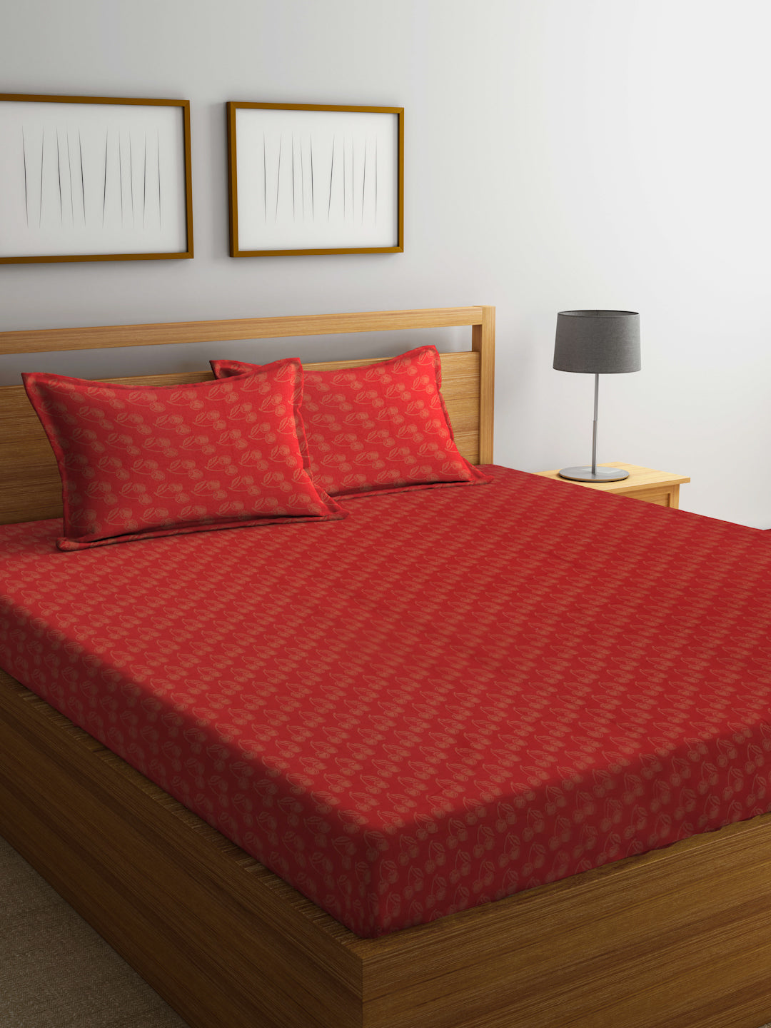 Arrabi Red Leaf Handwoven Cotton Super King Size Bedsheet with 2 Pillow Covers (270 X 270 cm)