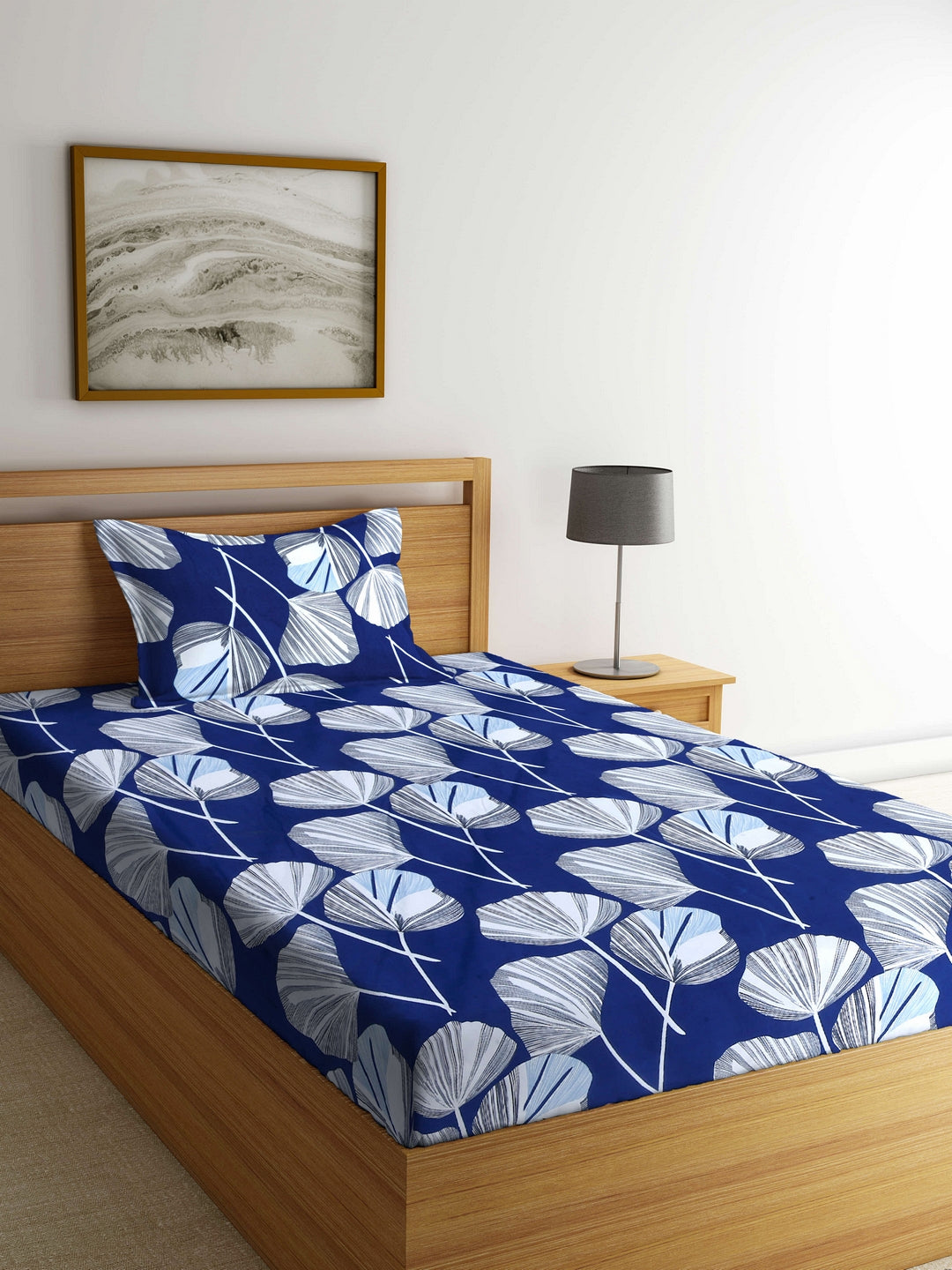 Arrabi Blue Floral TC Cotton Blend Single Size Bedsheet with 1 Pillow Cover (220 x 150 cm)
