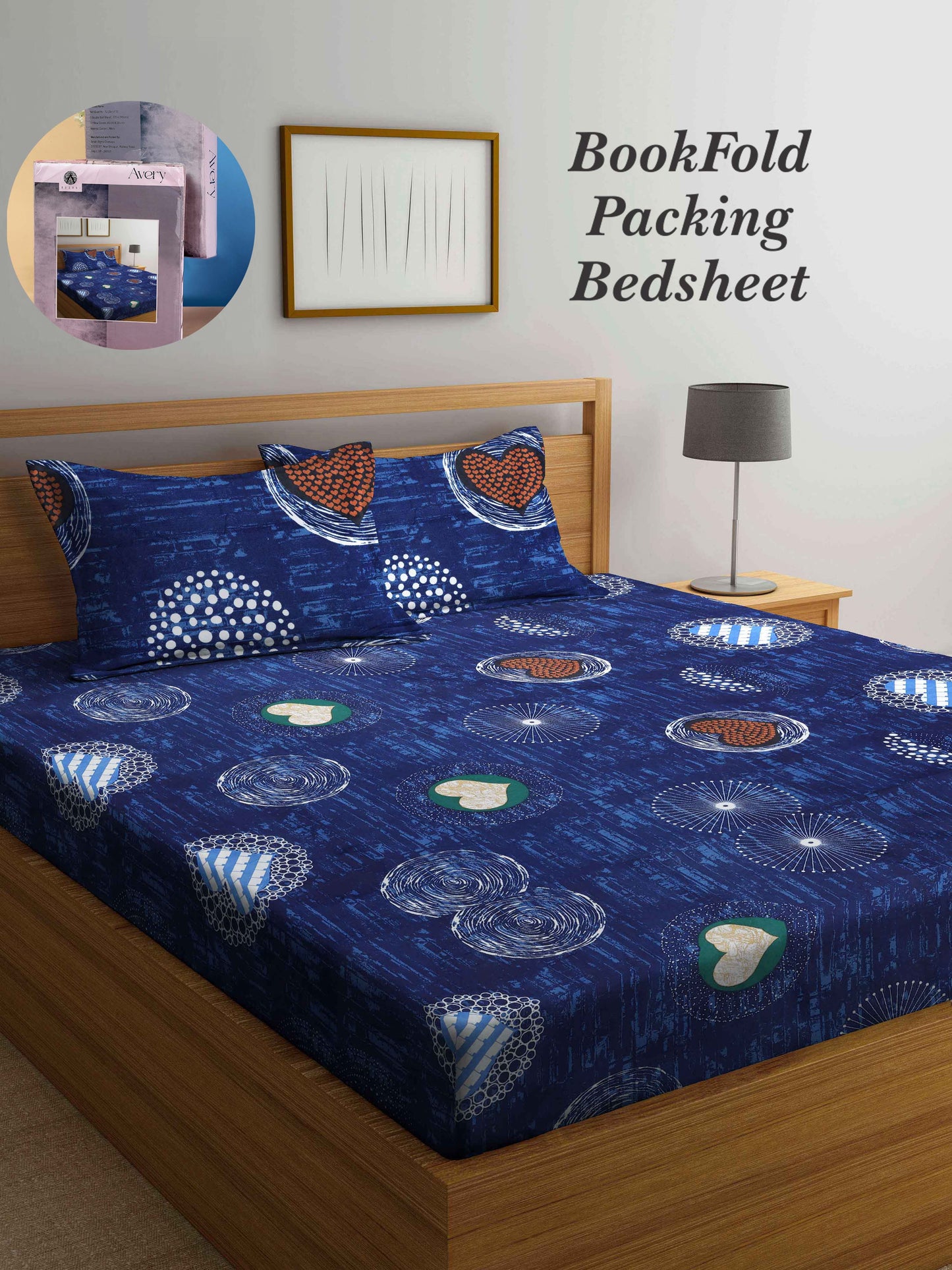 Arrabi Blue Graphic TC Cotton Blend King Size Bookfold Bedsheet with 2 Pillow Covers (250 X 215 cm)