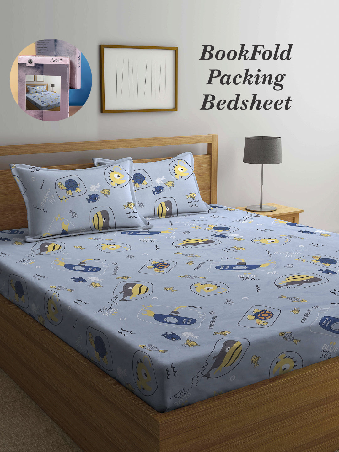 Arrabi Grey Cartoon TC Cotton Blend King Size Bookfold Bedsheet with 2 Pillow Covers (250 X 220 cm)
