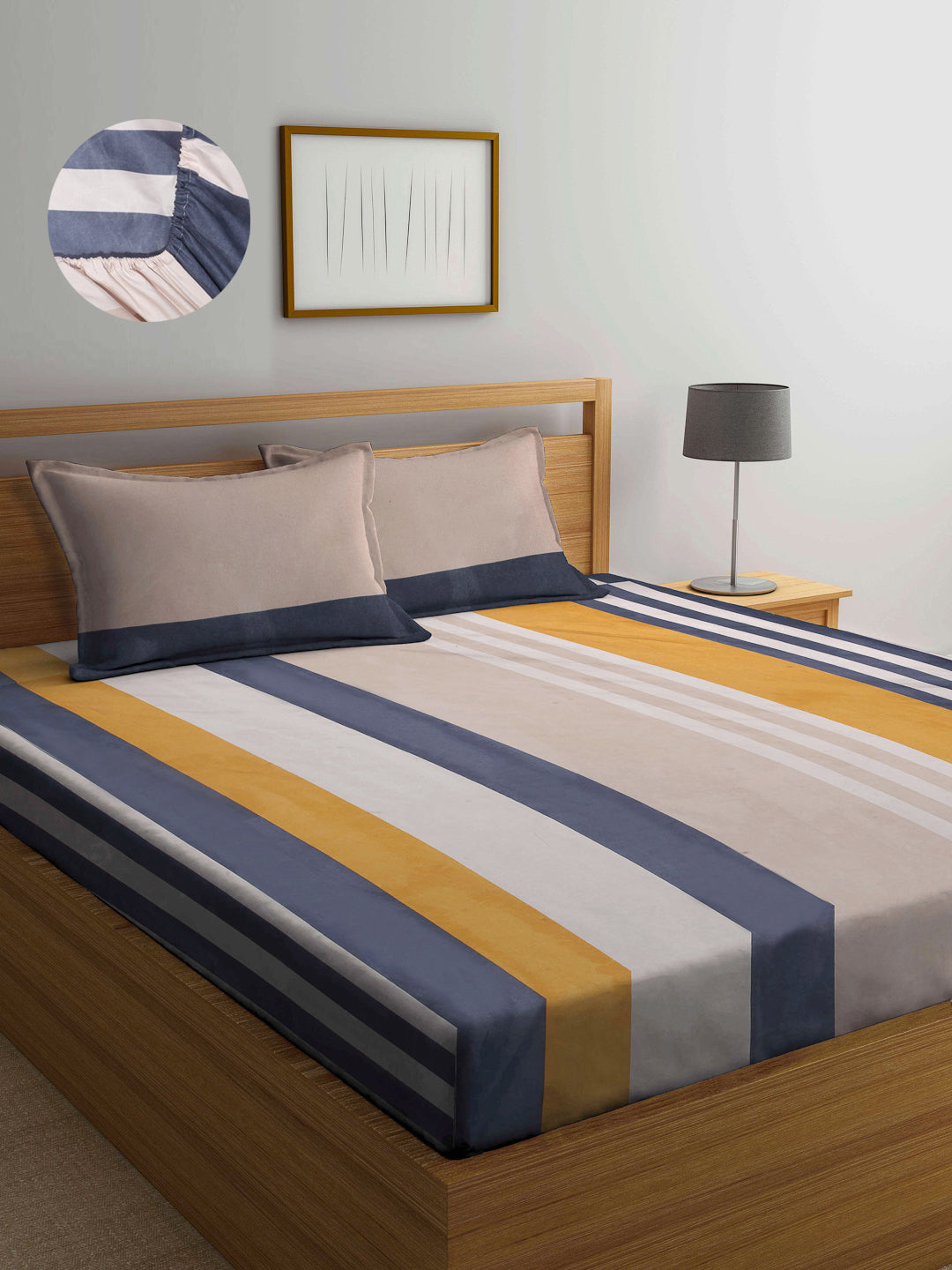Arrabi Multi Stripes TC Cotton Blend Super King Size Fitted Bedsheet with 2 Pillow Covers (270 x 260 cm)