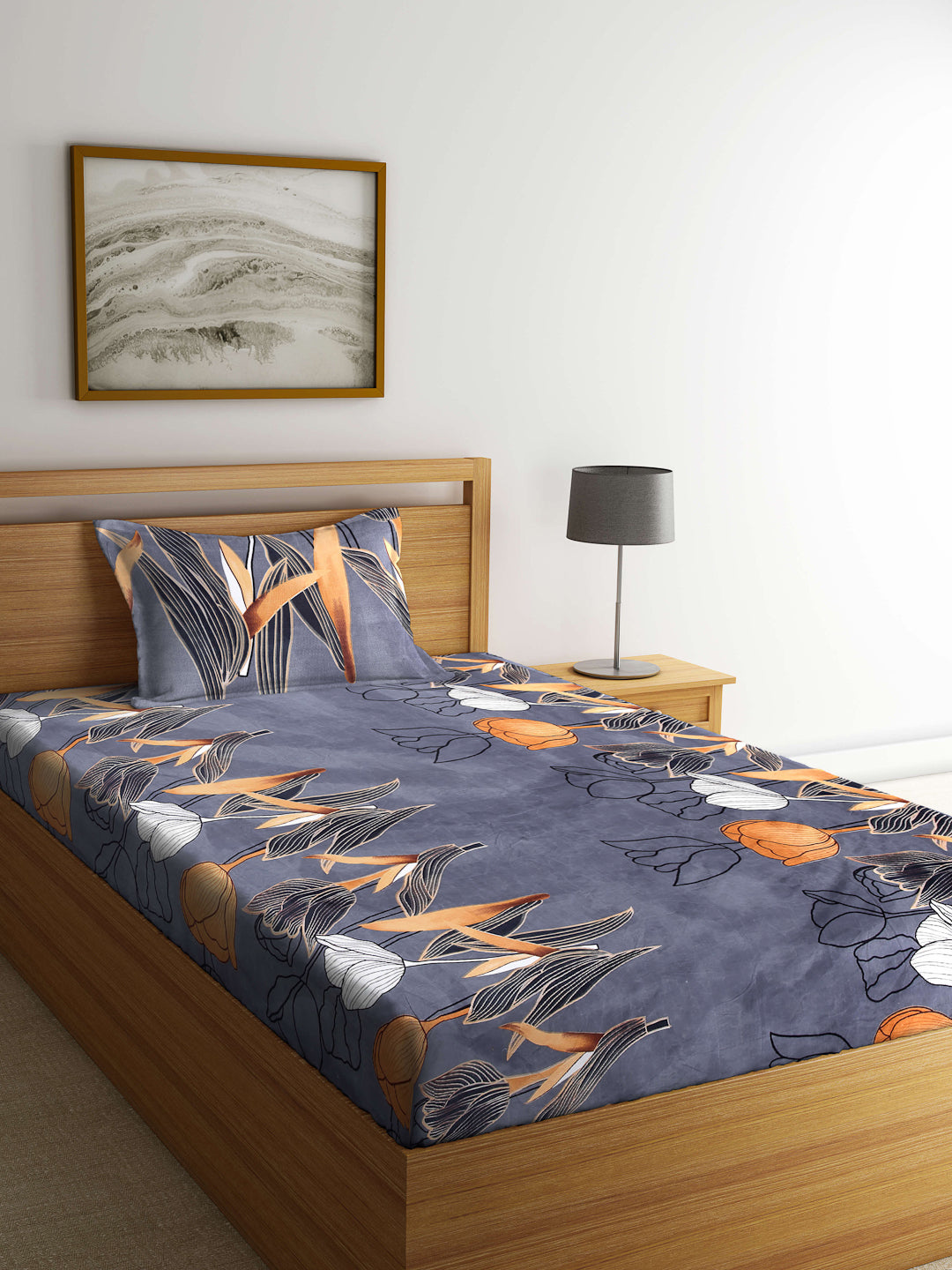 Arrabi Grey Floral TC Cotton Blend Single Size Bedsheet with 1 Pillow Cover (215 x 150 cm)
