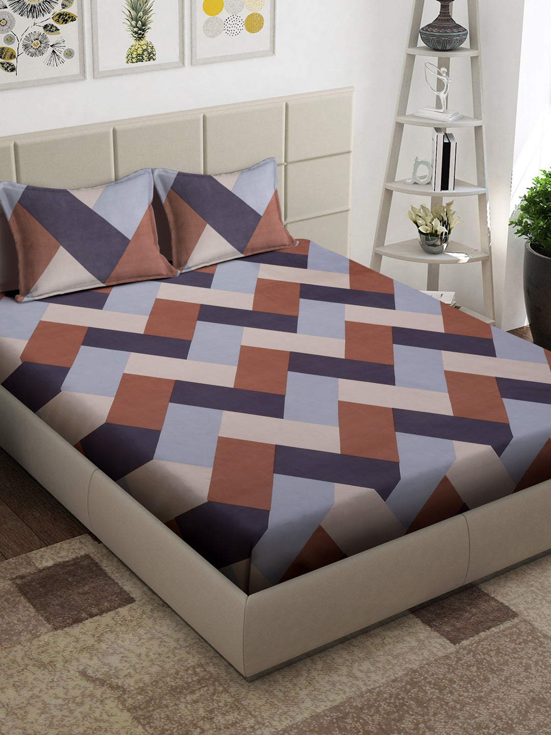 Arrabi Multi Geometric TC Cotton Blend Super King Size Bedsheet with 2 Pillow Covers (270 x 260 cm)