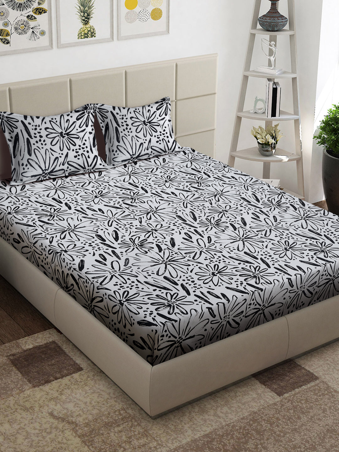 Arrabi White Floral TC Cotton Blend Super King Size Bedsheet with 2 Pillow Covers (270 x 260 cm)