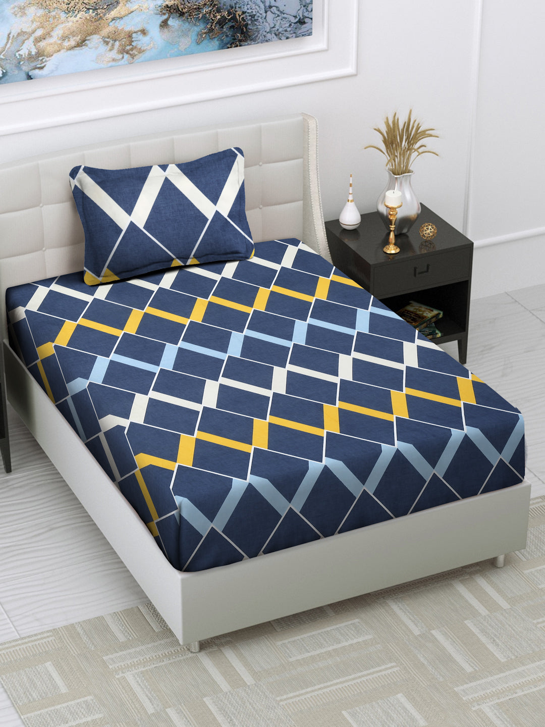 Arrabi Grey Geometric TC Cotton Blend Single Size Bedsheet with 1 Pillow Cover (215 x 150 cm)