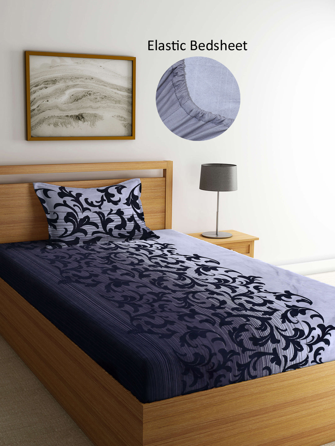 Arrabi Black Indian TC Cotton Blend Single Size Fitted Bedsheet with 1 Pillow Cover (215 X 150 cm)