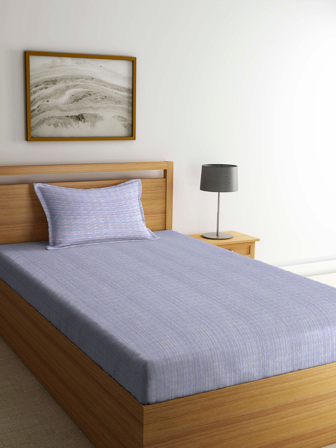Arrabi Grey Stripes Handwoven Cotton Single Size Bedsheet with 1 Pillow Cover (230 x 150 cm)